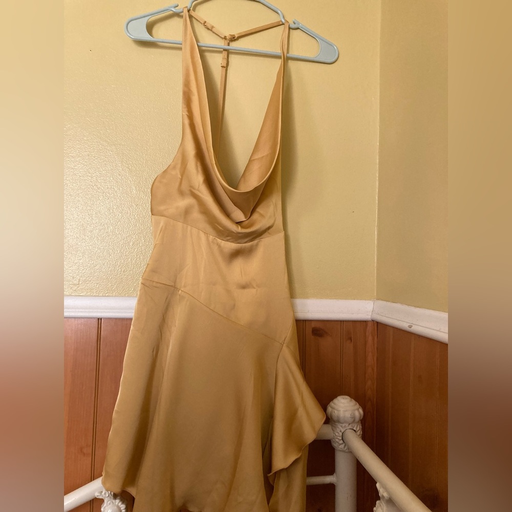 NWT Satin Gold Halter Cowl Neckline Swing Dress - Picture 2 of 5
